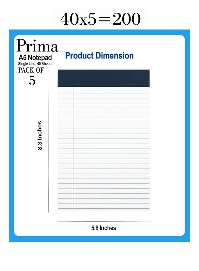 PRIMA Pack of 5 notepad lined paper 40 sheets A5 size - Image 2